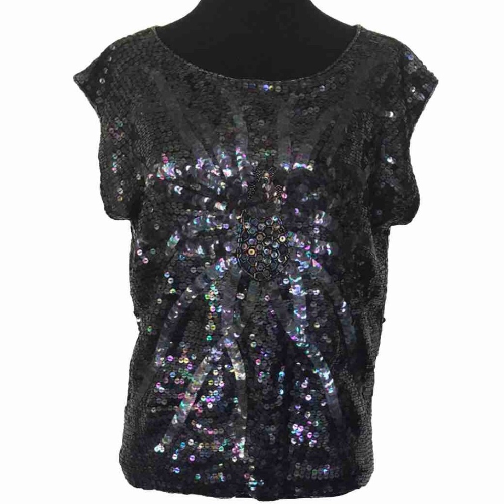 Vintage Silk Vamp Romantic Gothic Spider Sequin Black Top Ann Katrine Size Large